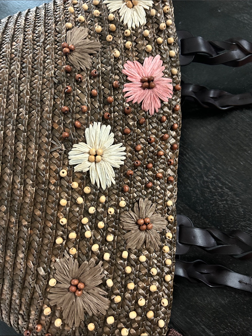 Source Unknown Brown Straw Tote with Floral Accents - Picture 7 of 12